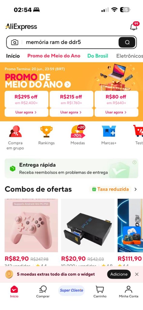 Tela do aplicativo AliExpress no iPhone — promoções, cupons e moedas em reais