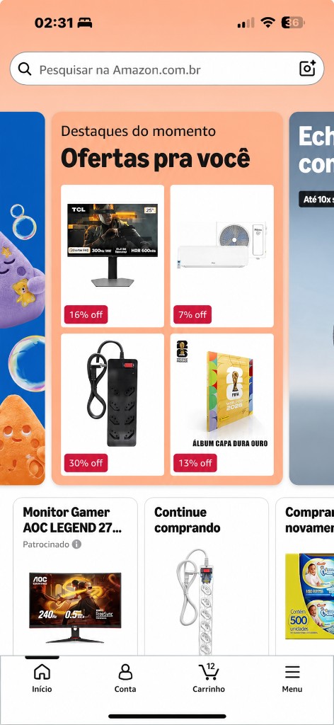 Tela do aplicativo Amazon no iPhone — busca, ofertas e produtos em reais