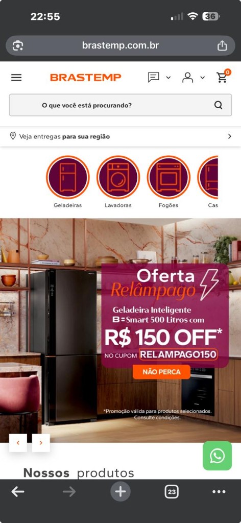 Site Brastemp no celular — geladeiras, lavadoras e ofertas de linha branca