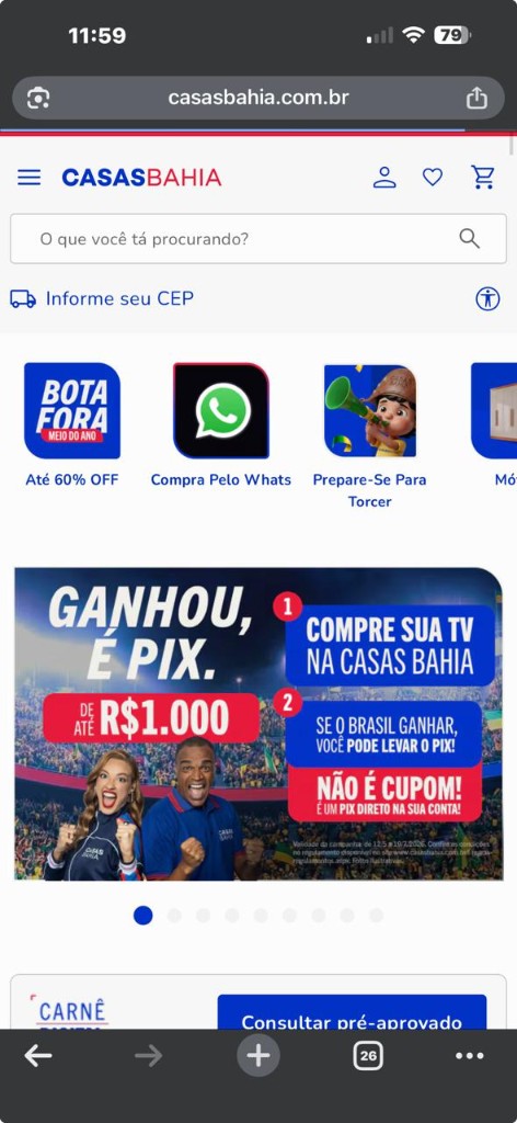 Site Casas Bahia no celular — busca, ofertas e campanhas