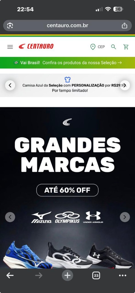 Site Centauro no celular — tênis, camisas e marcas esportivas