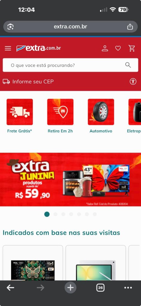 Site Extra.com.br no celular — ofertas, frete e eletroportáteis