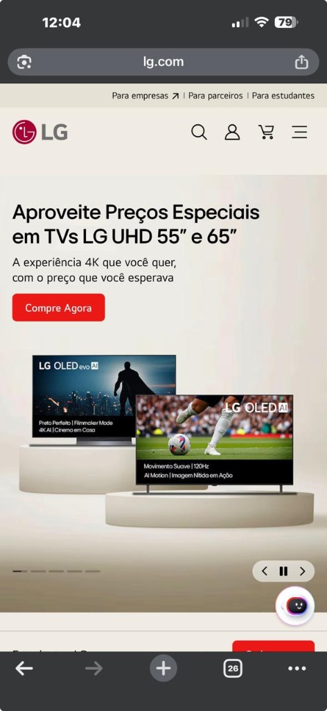 Site LG Brasil no celular — TVs OLED e linha branca