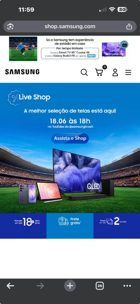 Site Samsung Brasil no celular — Live Shop, TVs e Galaxy