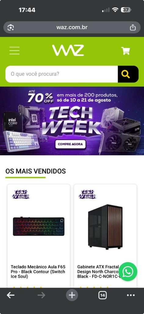 Site WAZ no celular — hardware, periféricos e ofertas tech
