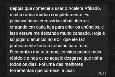 Print real de depoimento de cliente ativo no WhatsApp sobre mudança de rotina com o Acelera Afiliado