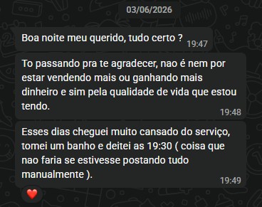 Print real de cliente ativo agradecendo pela qualidade de vida usando o Acelera Afiliado