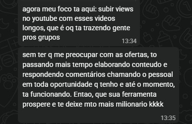 Print real de cliente ativo explicando que consegue focar em conteúdo enquanto o Acelera Afiliado cuida das ofertas