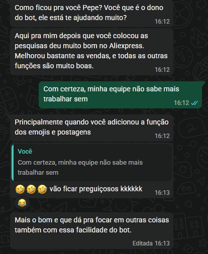Print real de cliente ativo relatando melhora nas vendas e facilidade do bot