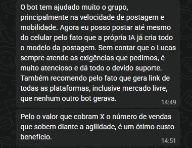 Print real de cliente ativo falando sobre velocidade de postagem e custo-beneficio do Acelera Afiliado