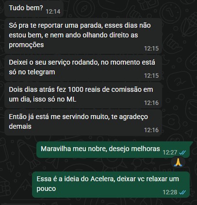 Print real de cliente ativo relatando comissão de mil reais em um dia com o serviço rodando automaticamente