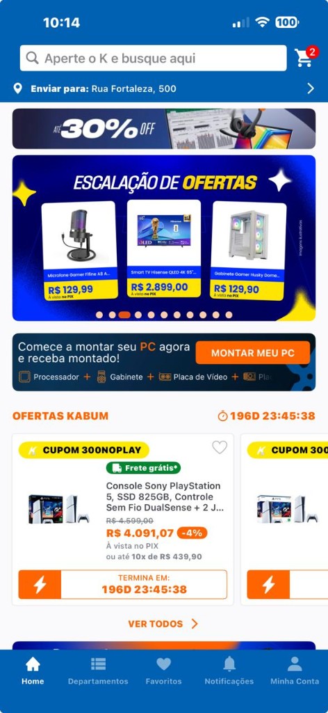 Tela do aplicativo KaBuM! no iPhone — ofertas, cupons e produtos em reais