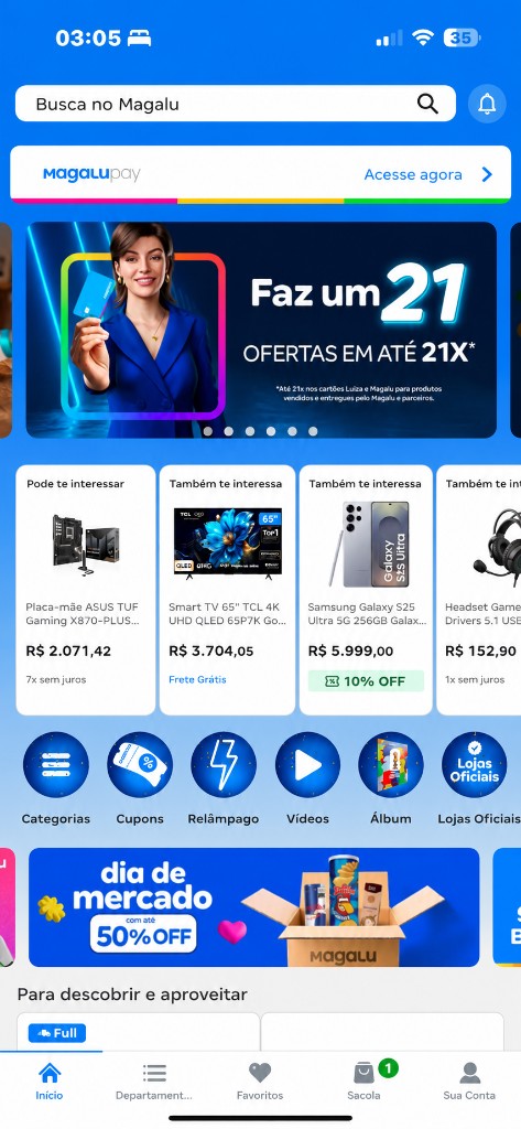 Tela do aplicativo Magazine Luiza no iPhone — busca, ofertas e produtos em reais