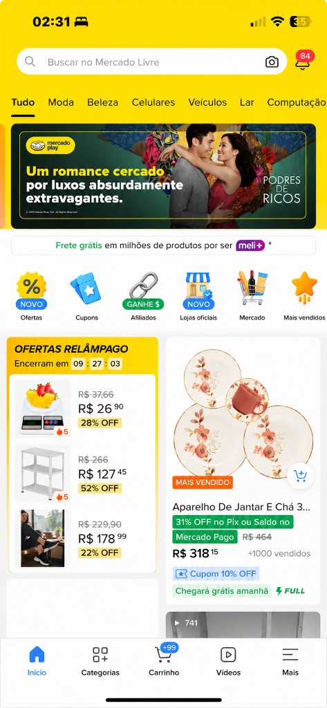 Tela do aplicativo Mercado Livre no iPhone — busca, ofertas relâmpago e produtos em reais