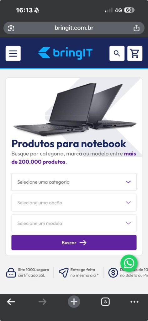 Site Bringit no celular — peças e produtos para notebook