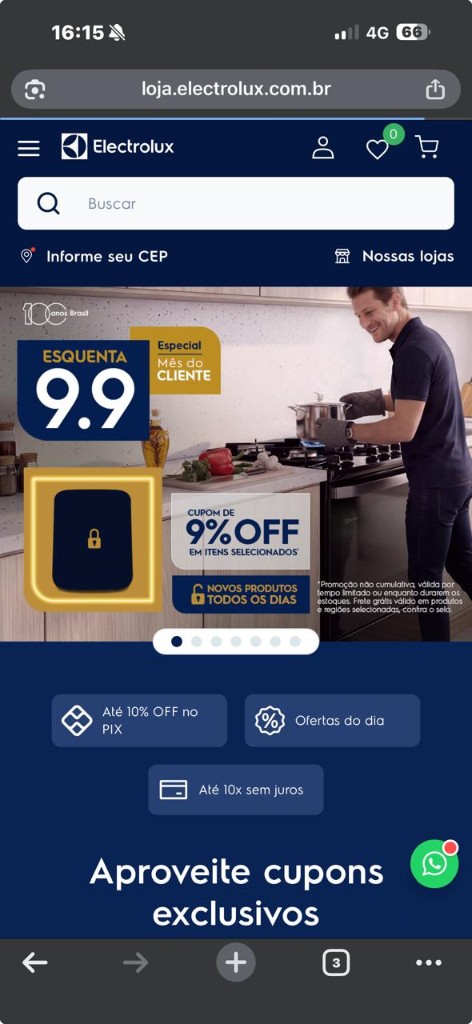 Site Electrolux no celular — eletrodomésticos e linha branca