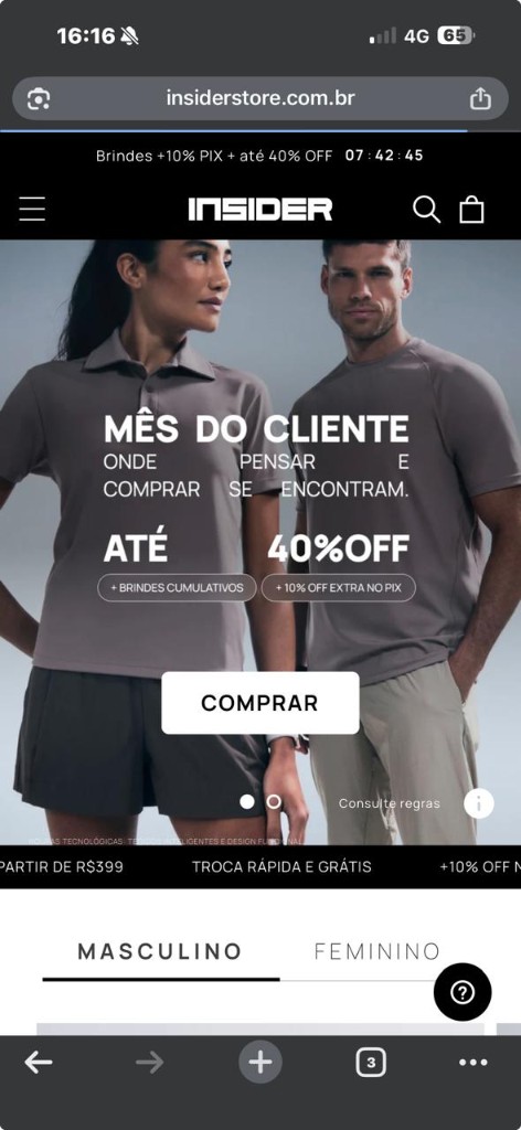 Site Insider Store BR no celular — moda técnica e performance