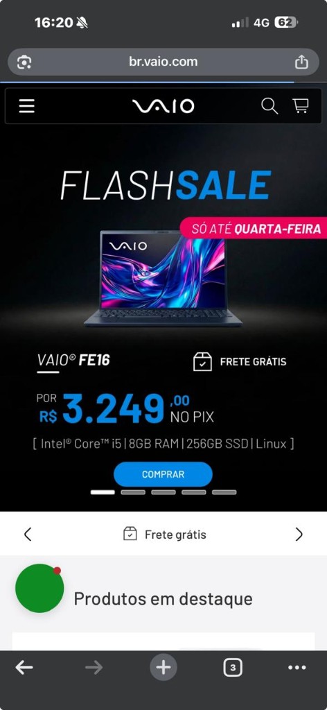 Site VAIO no celular — notebooks premium e flash sales