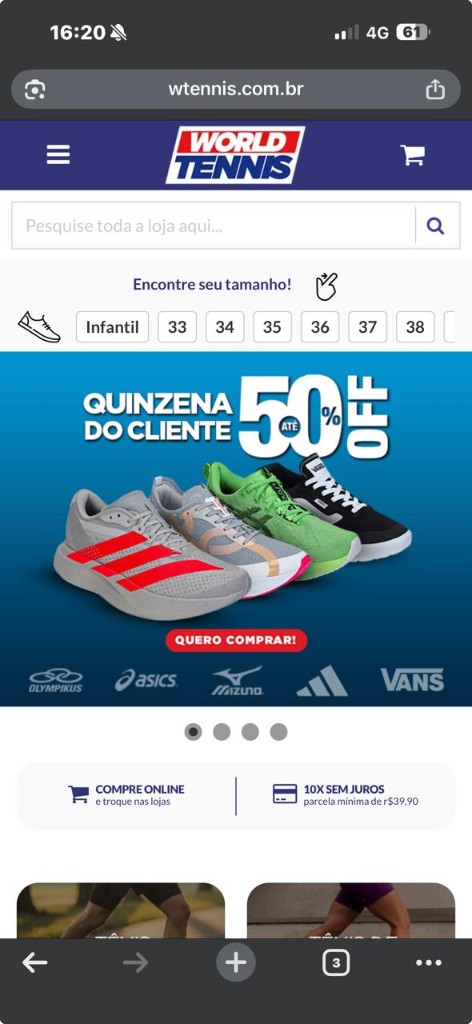 Site World Tennis no celular — tênis esportivos e marcas