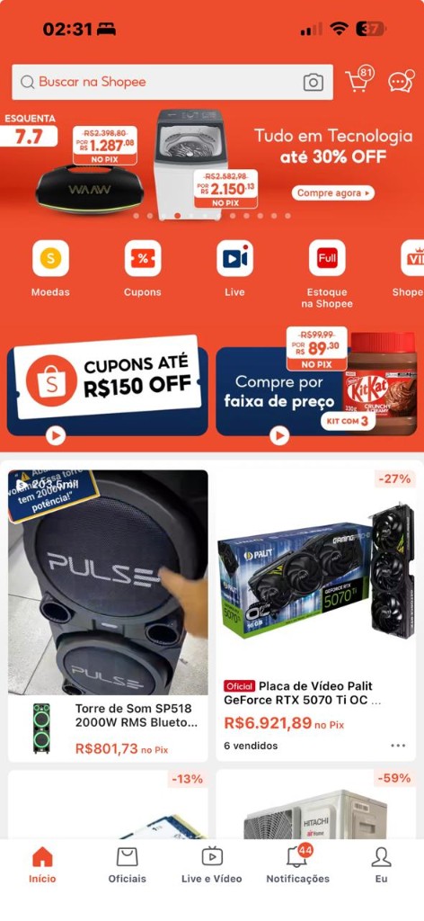 Tela do aplicativo Shopee no iPhone — busca, ofertas e produtos em reais