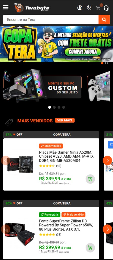 Tela do site Terabyte Shop no celular — busca, ofertas Copa Tera e produtos em destaque